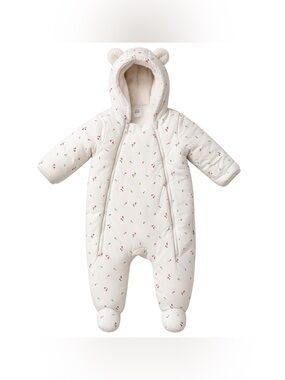 GAP Baby One-Piece Snowsuit with Bear Hood - White flower print
